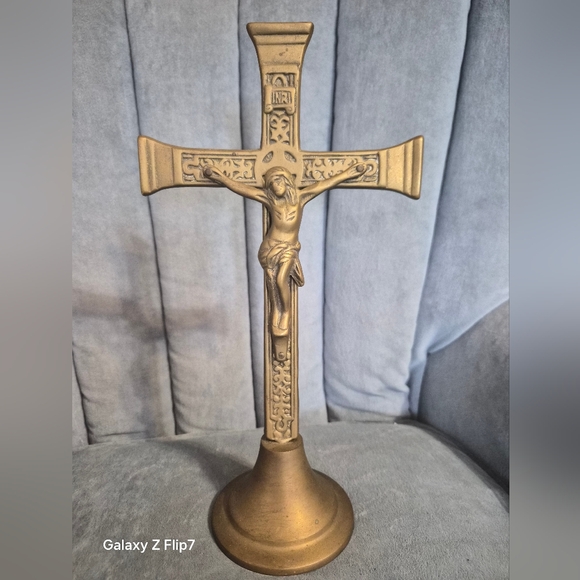 Gold Crucifix Statue Solid Brass Vintage